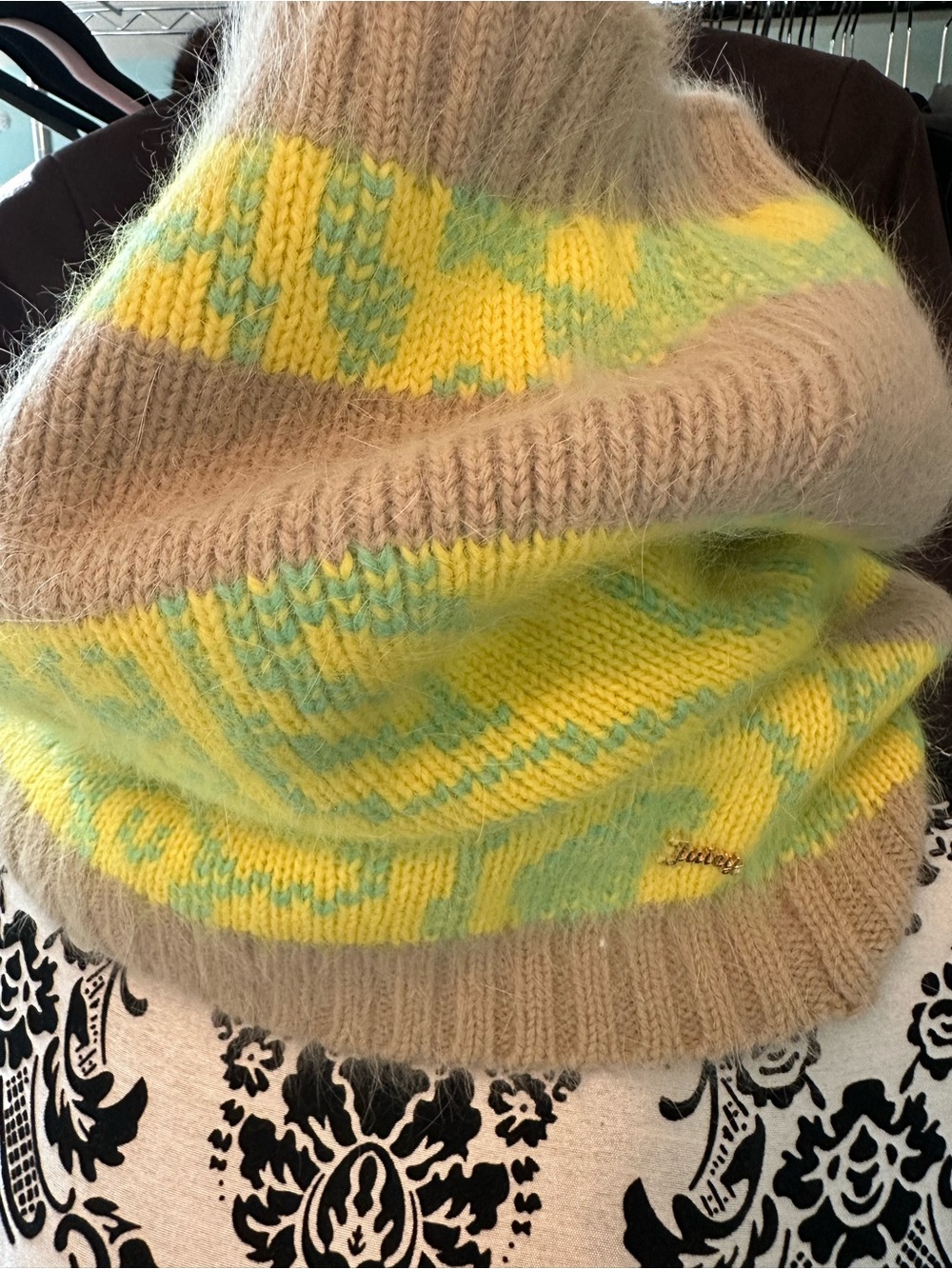 Juicy Couture Vintage Angora Knit snood- Beige with Yellow & Mint